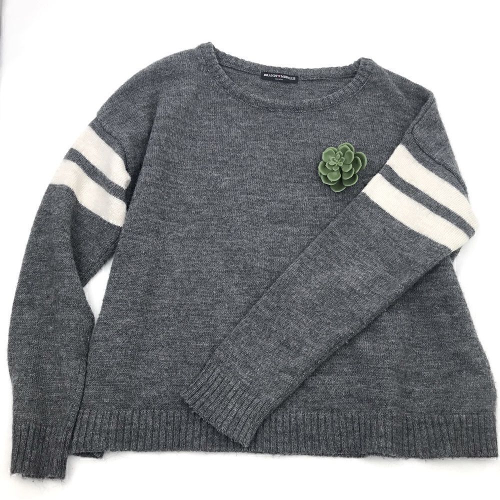 Brandy Melville Gray Collegiate Stripe Crew Sweater